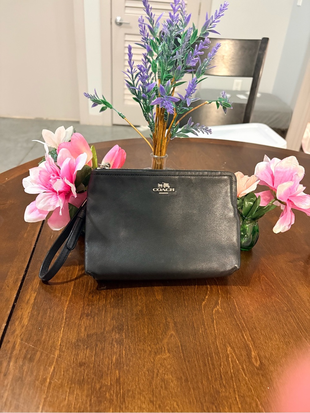 Coach Black Leather Wristlet Clutch with Gold Logo